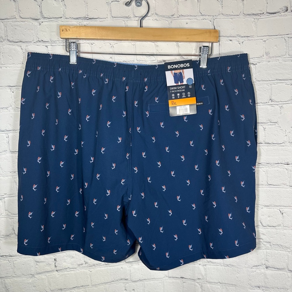 NEW Bonobos Mens Marlin Print Swim Shorts Dark Blue 7 Inch Inseam XXL Swimwear